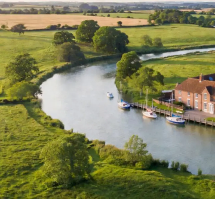 Aerial view of Coldham Hall restaurant on the Norfolk Broads in Surlingham