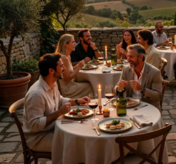 Candlelit tables on the terrace with guests dining outdoors in the evening