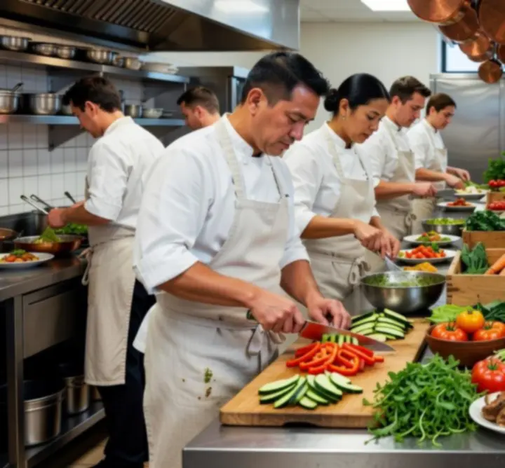 Chefs working together in a busy open kitchen