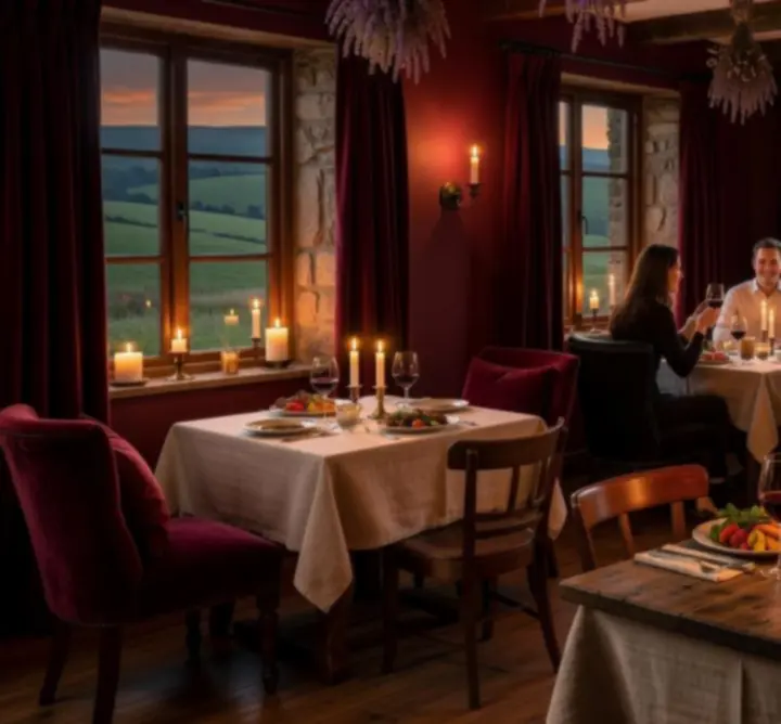 Candlelit dining interior at Coldham Hall with rustic countryside charm