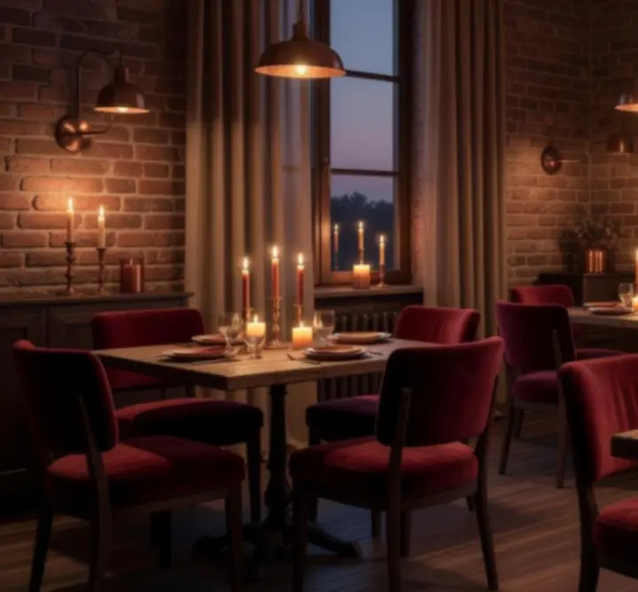 Candlelit dining room with rustic beams and elegantly laid tables
