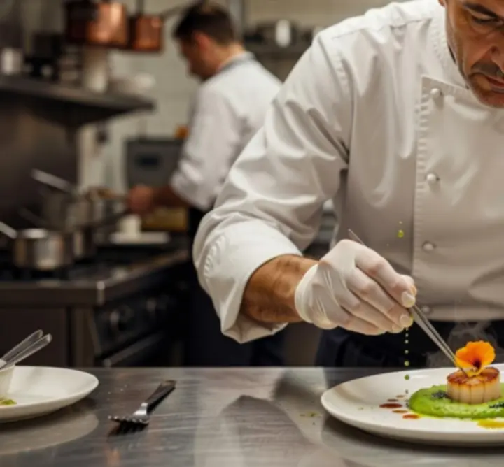 Chef presenting a refined tasting menu dish in a warm, candlelit dining room.