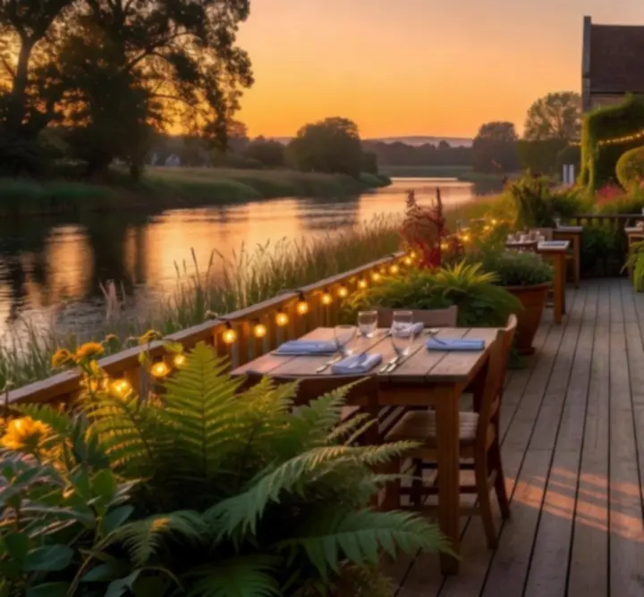 Riverside terrace at Coldham Hall overlooking the Norfolk Broads