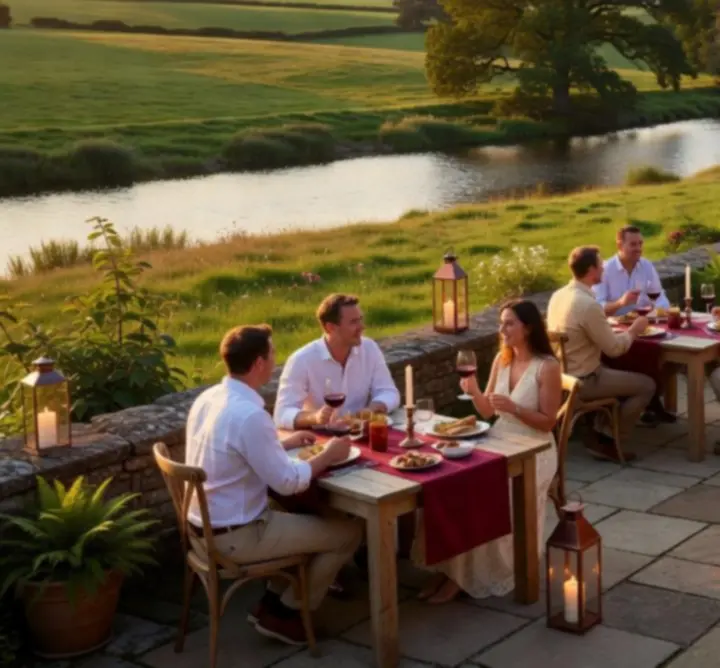 Candlelit riverside dining at Coldham Hall Restaurant overlooking the Norfolk Broads.
