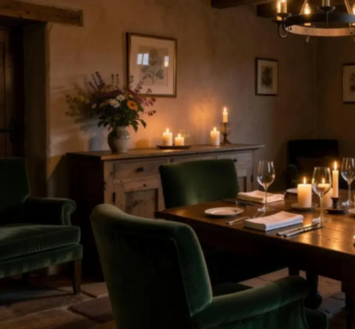 Private dining room prepared for a group celebration with candlelit tables