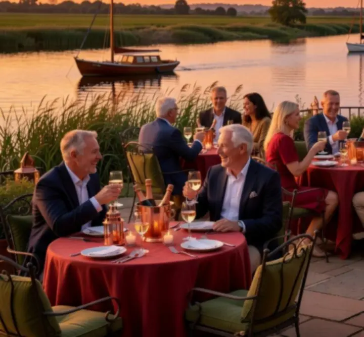 Guests enjoying drinks on the riverside terrace at sunset at Coldham Hall