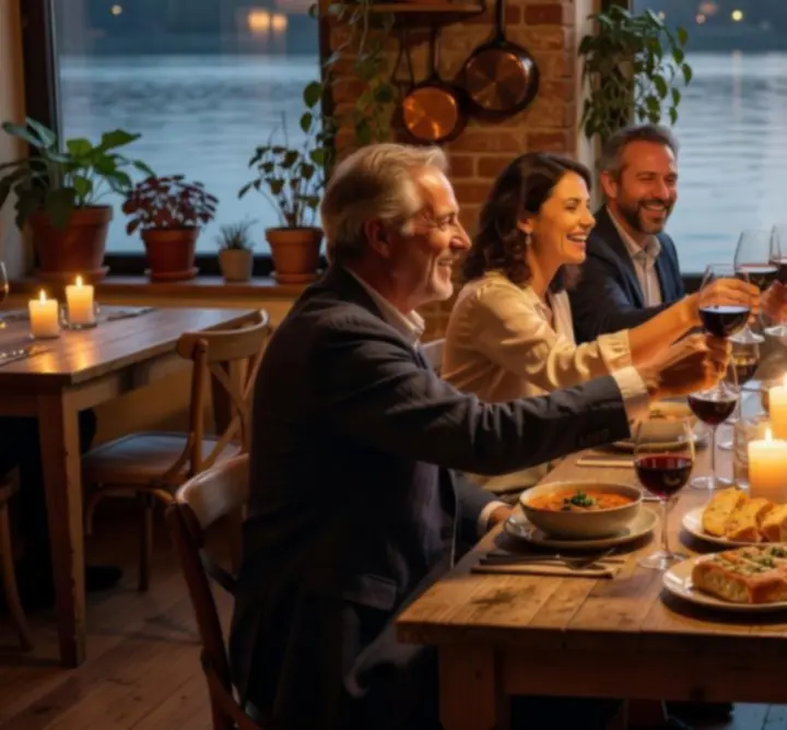 Guests sharing a relaxed meal and toasting at a restaurant table