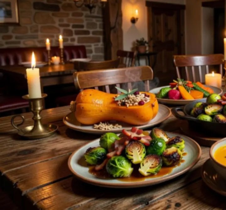 Selection of seasonal dishes artfully plated on a candlelit table overlooking the water.