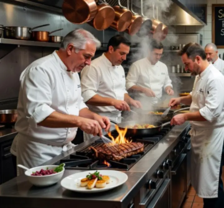 Chefs working in the Coldham Hall kitchen, plating dishes with care