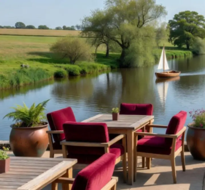 Panoramic view across the Norfolk Broads from the riverside terrace