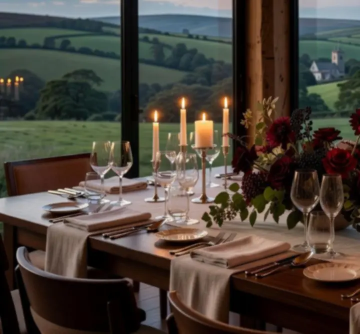 Private dining table dressed with candles and flowers for an event