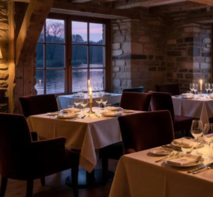 Candlelit dining room at Coldham Hall with rustic décor and riverside views