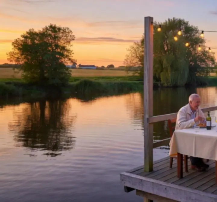 Riverside restaurant terrace at dusk overlooking the Norfolk Broads