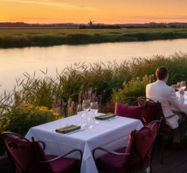 Guests dining on the riverside terrace overlooking the Norfolk Broads