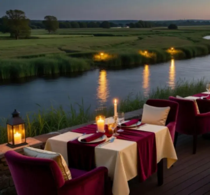 Riverside terrace at dusk with candlelit tables overlooking calm waters