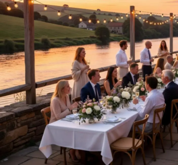 A wedding reception set along the riverside terrace with guests dining al fresco.