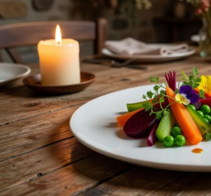 Seasonal dishes arranged under candlelight at Coldham Hall
