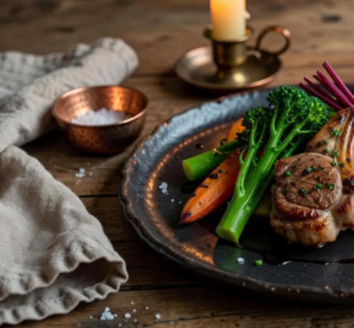 Seasonal signature dish artfully plated at Coldham Hall Restaurant