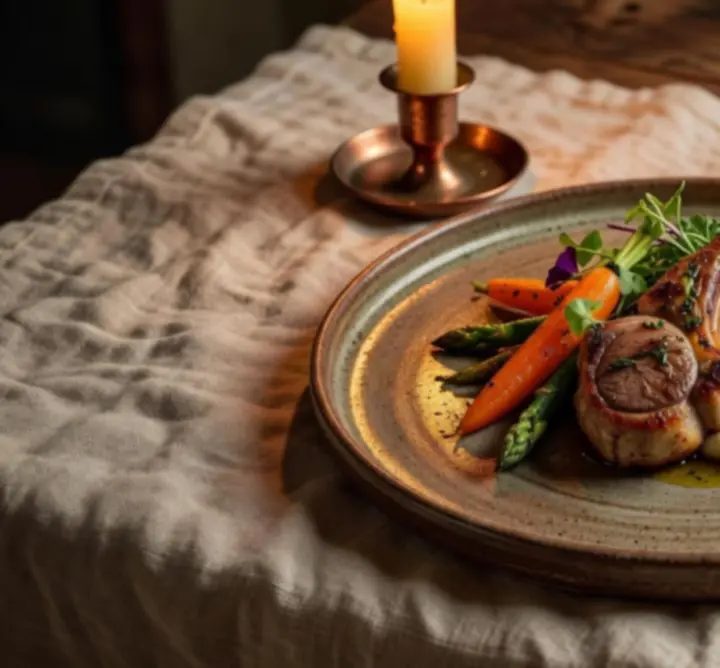 A beautifully plated signature dish showcasing seasonal ingredients and fine presentation.