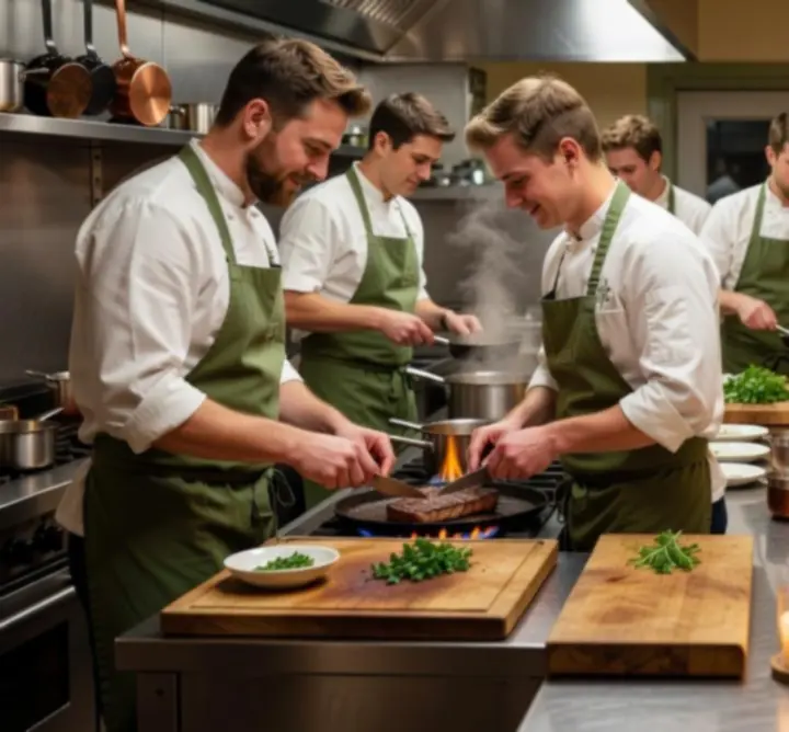 Chefs working together in the kitchen, plating elegant dishes.