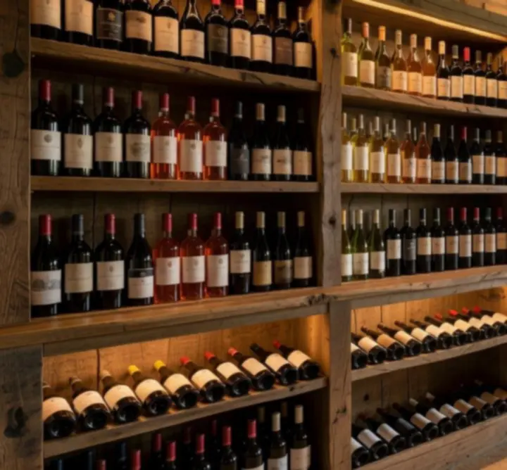 Warmly lit wine cellar selection with bottles displayed in a rustic setting