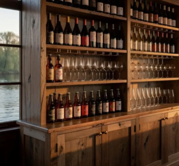 Sommelier pouring wine in a softly lit dining room, showcasing the curated wine list.