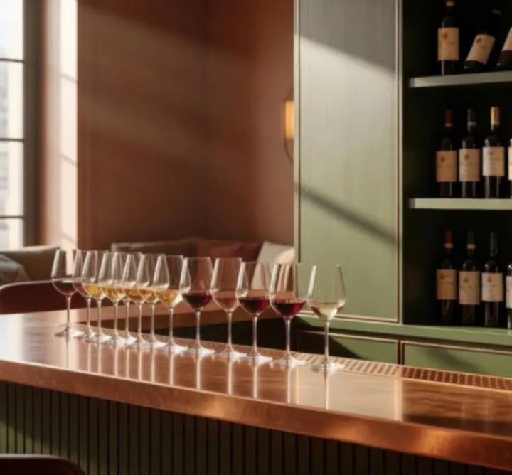 Curated wine selection displayed along a warm copper bar